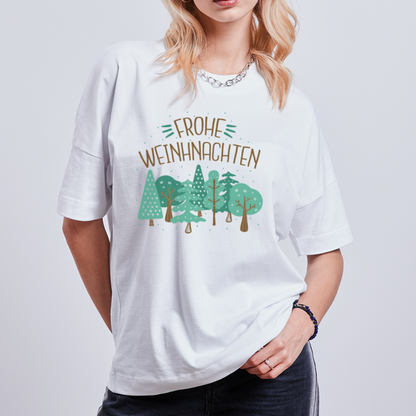 Unisex Oversize Bio-T-Shirt "Frohe Weihnachten" (Weihnachtsbäume) - Weiß
