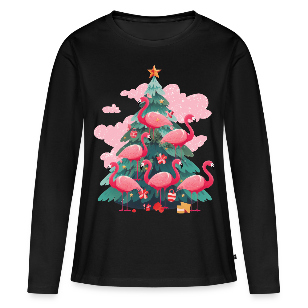 Frauen Bio-Langarmshirt "Flamingo Weihnachtsbaum" - Schwarz