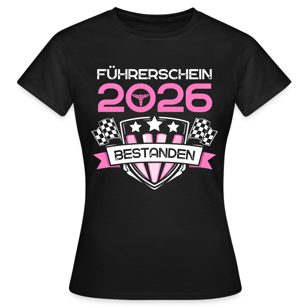 Frauen T-Shirt "Führerschein bestanden 2026" (Rosa Sternen-Motiv) - Schwarz