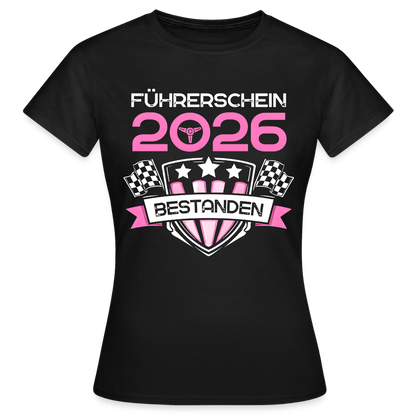 Frauen T-Shirt "Führerschein bestanden 2026" (Rosa Sternen-Motiv) - Schwarz