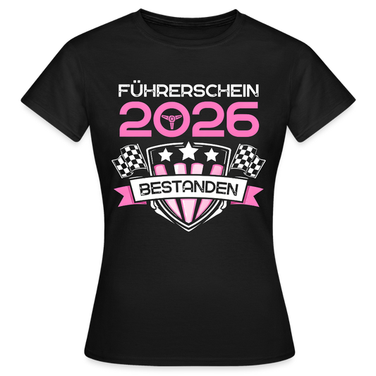 Frauen T-Shirt "Führerschein bestanden 2026" (Rosa Sternen-Motiv) - Schwarz