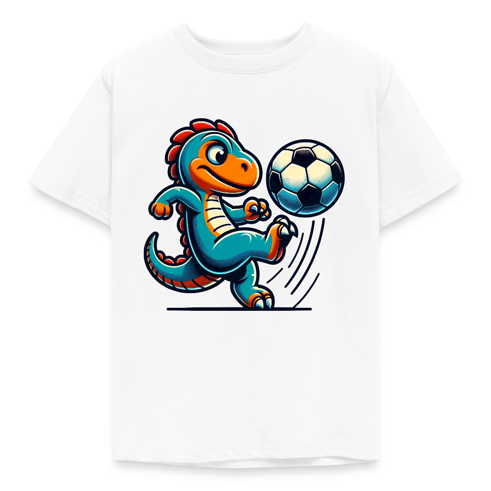 Kinder T-Shirt "Dinosaurier spielt Fußball" - Weiß