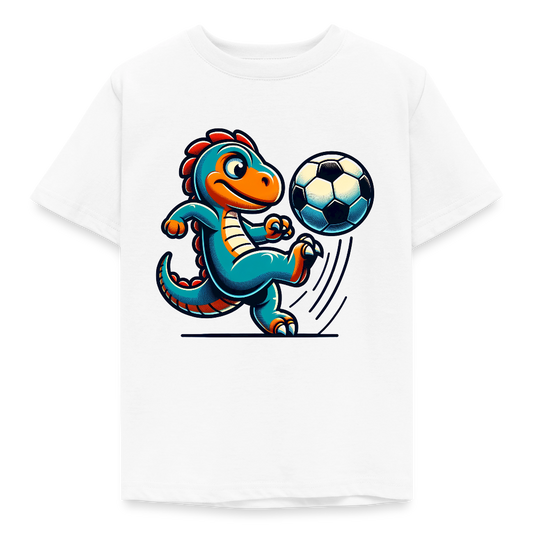 Kinder T-Shirt "Dinosaurier spielt Fußball" - Weiß
