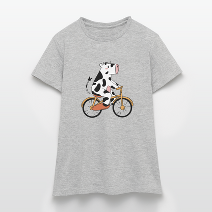Frauen T-Shirt "Kuh mit Fahrrad" - Grau meliert