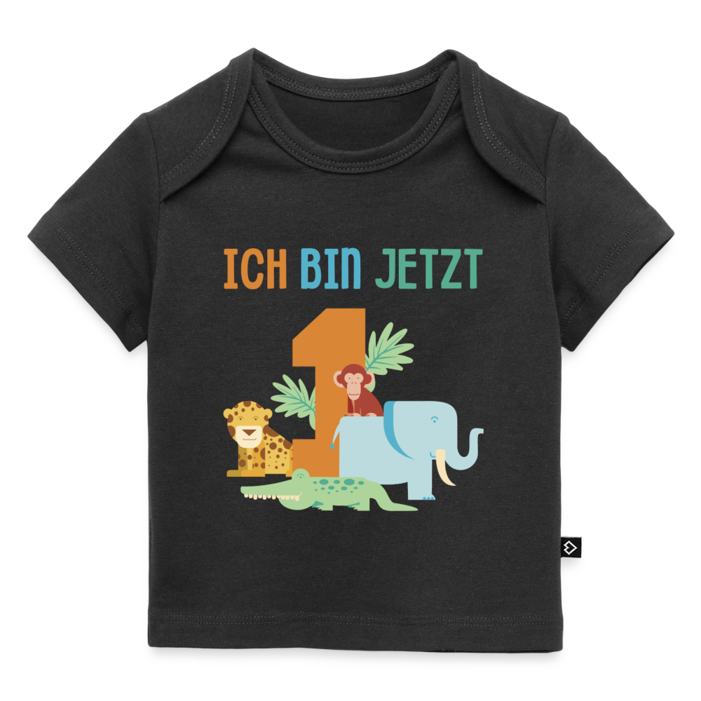Baby Bio-T-Shirt "Ich bin jetzt 1" (Tiermotiv) - Schwarz