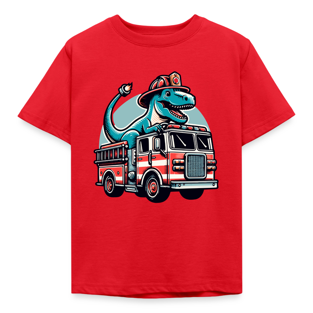 Kinder T-Shirt "Dinosaurier fährt Feuerwehrauto" - Rot