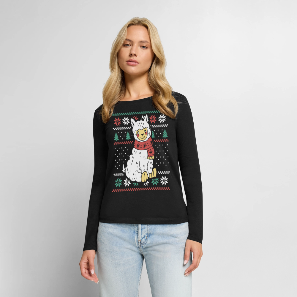 Bio-Langarmshirt "Lama Weihnachtsmotiv" - Schwarz