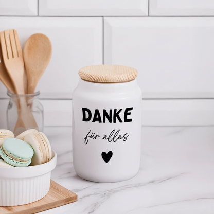 Keksdose mit Holzdeckel "Danke für alles" - Weiß