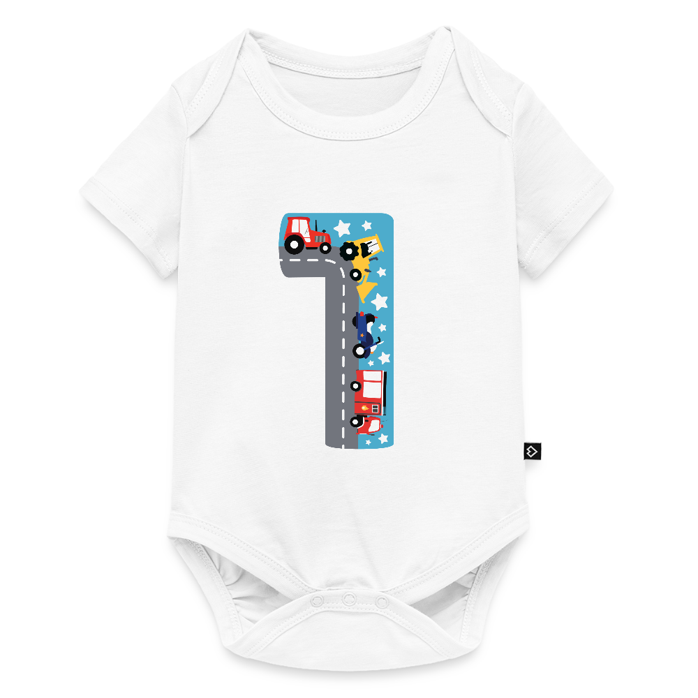 Baby Bio-Kurzarm-Body "1 mit Traktoren" - Weiß