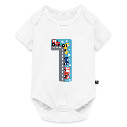 Baby Bio-Kurzarm-Body "1 mit Traktoren" - Weiß