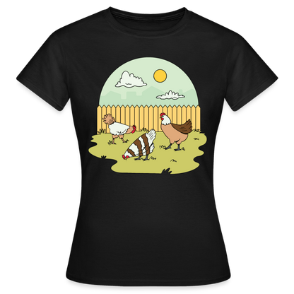 Frauen T-Shirt "Garten Hühner" - Schwarz