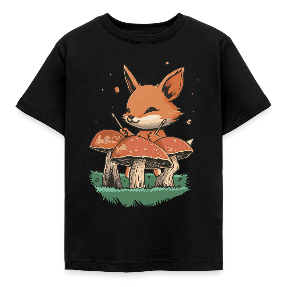 Kinder T-Shirt "Fuchs spielt mit Pilzen" - Schwarz
