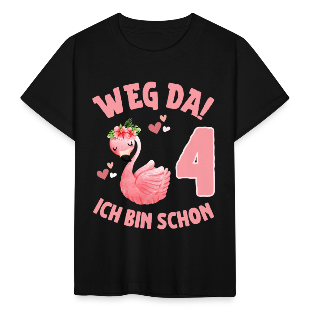 Kinder T-Shirt "Weg da! Ich bin schon 4" (Flamingo-Motiv) - Schwarz