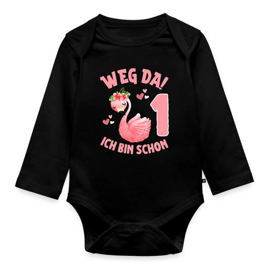 Baby Bio-Langarm-Body "Weg da! Ich bin schon 1" (Flamingo) - Schwarz