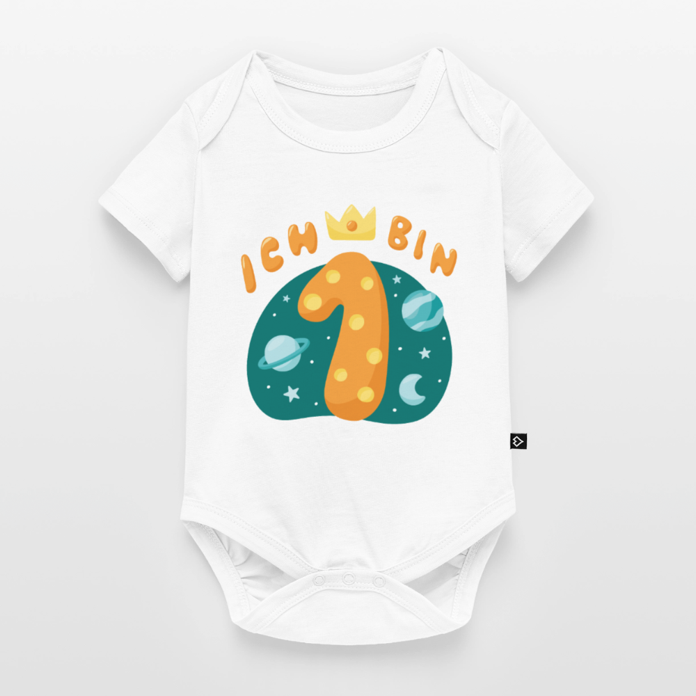 Baby Bio-Kurzarm-Body "Ich bin 1" (Weltraum-Motiv) - Weiß