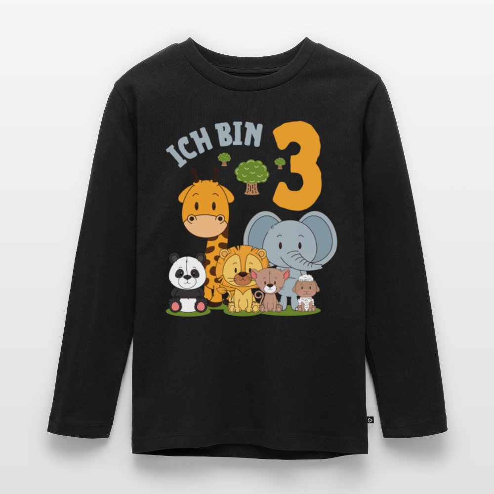 Kinder Langarm T-Shirt "Ich bin 3" (Niedliches Tiermotiv) - Schwarz