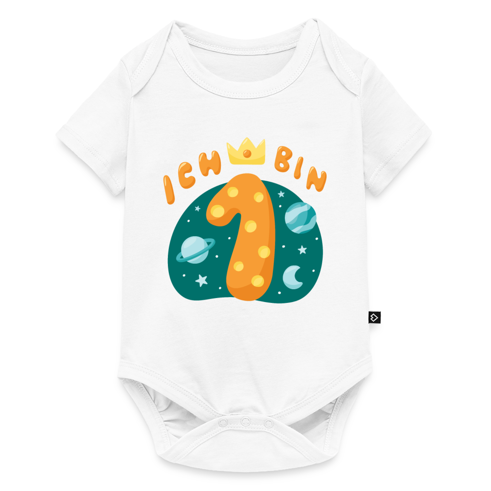 Baby Bio-Kurzarm-Body "Ich bin 1" (Weltraum-Motiv) - Weiß
