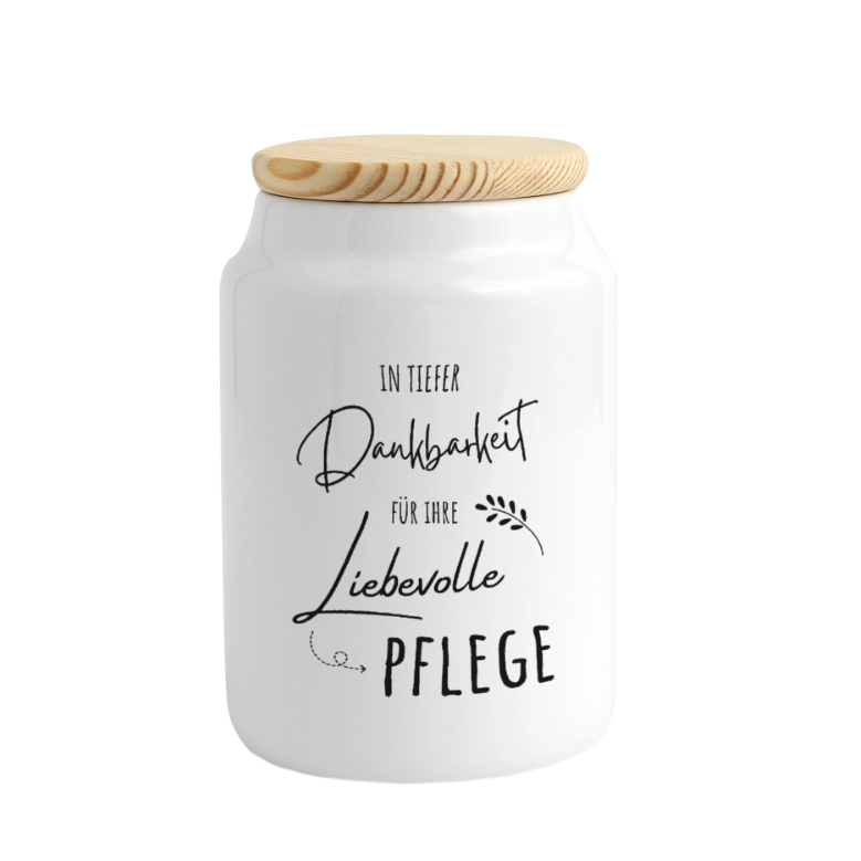 Keksdose "In tiefer Dankbarkeit für Ihre liebevolle Pflege" - Weiß