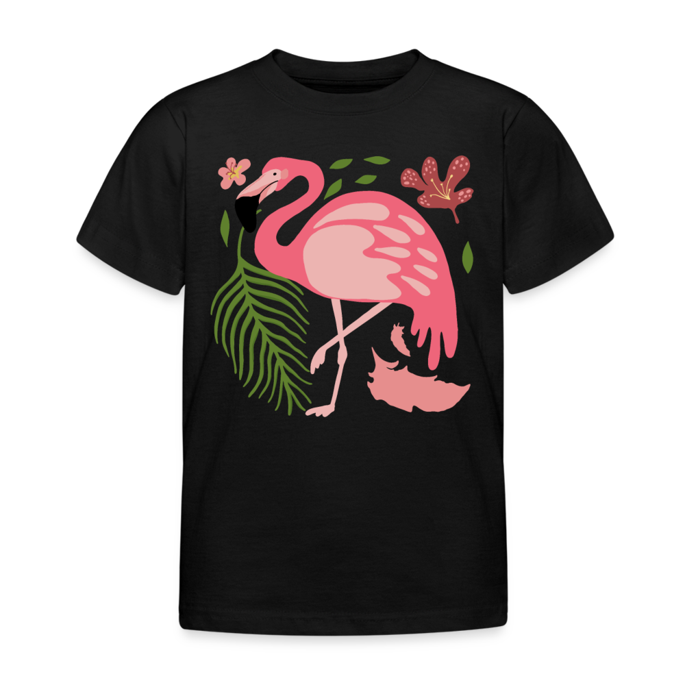 Kinder T-Shirt "Flamingo mit Pflanzen" - Schwarz