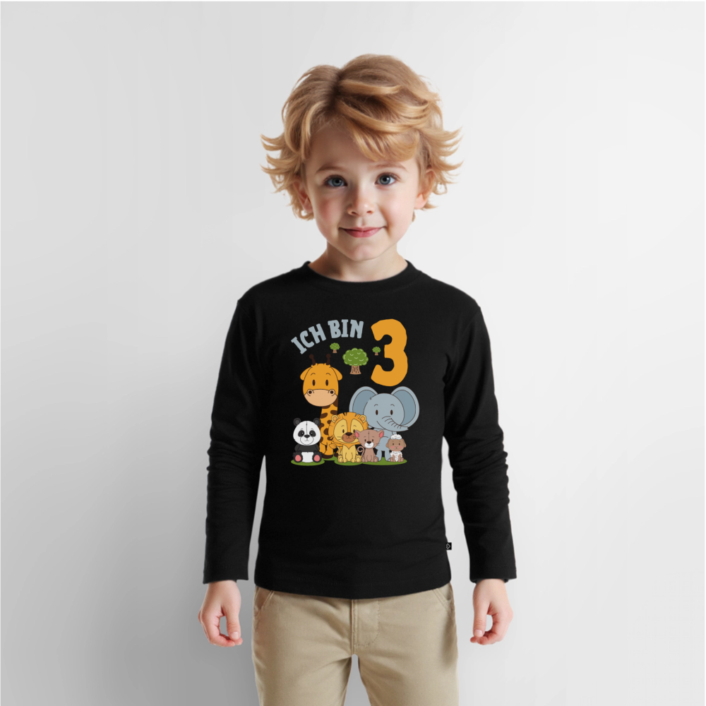 Kinder Langarm T-Shirt "Ich bin 3" (Niedliches Tiermotiv) - Schwarz
