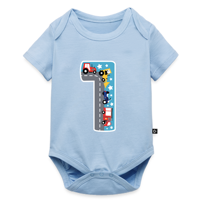 Baby Bio-Kurzarm-Body "1 mit Traktoren" - Hellblau