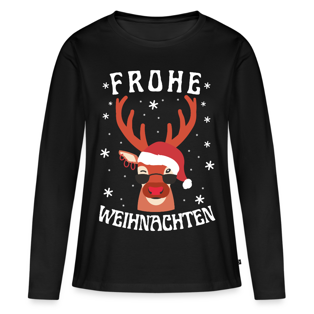 Frauen Bio-Langarmshirt "Frohe Weihnachten" (Rentier-Motiv) - Schwarz