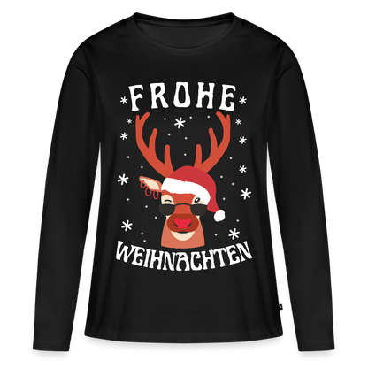Frauen Bio-Langarmshirt "Frohe Weihnachten" (Rentier-Motiv) - Schwarz