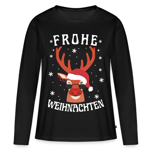 Frauen Bio-Langarmshirt "Frohe Weihnachten" (Rentier-Motiv) - Schwarz