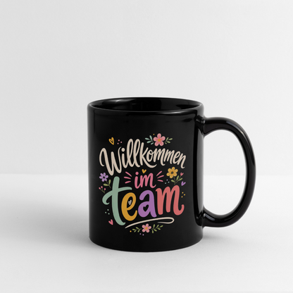 Tasse "Willkommen im Team" (Blumenmotiv) - Schwarz