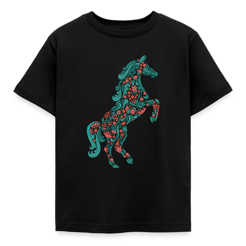 Kinder T-Shirt "Pferd aus Blumen" - Schwarz
