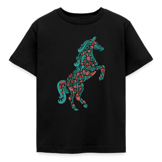 Kinder T-Shirt "Pferd aus Blumen" - Schwarz