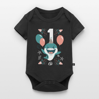 Baby Bio-Kurzarm-Body "Erster Geburtstag" (Hai) - Schwarz