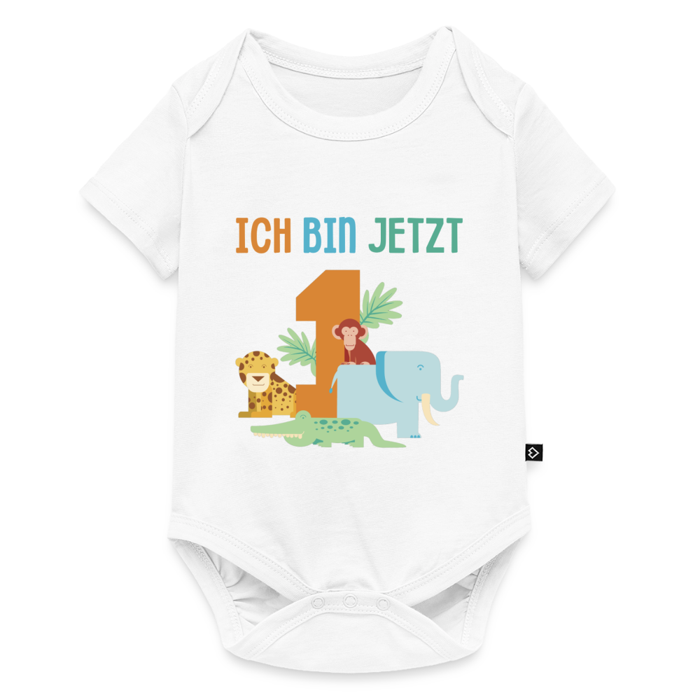 Baby Bio-Kurzarm-Body "Ich bin jetzt 1" (Tiermotiv) - Weiß