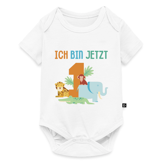 Baby Bio-Kurzarm-Body "Ich bin jetzt 1" (Tiermotiv) - Weiß
