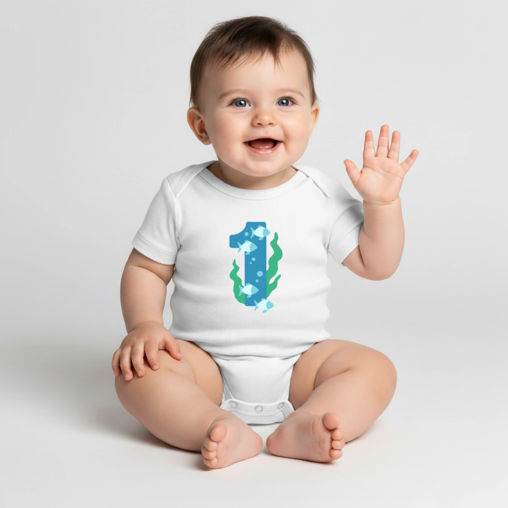 Baby Bio-Kurzarm-Body "1 mit Fischen" - Weiß