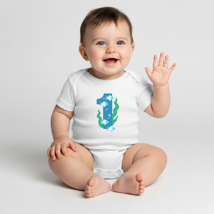 Baby Bio-Kurzarm-Body "1 mit Fischen" - Weiß