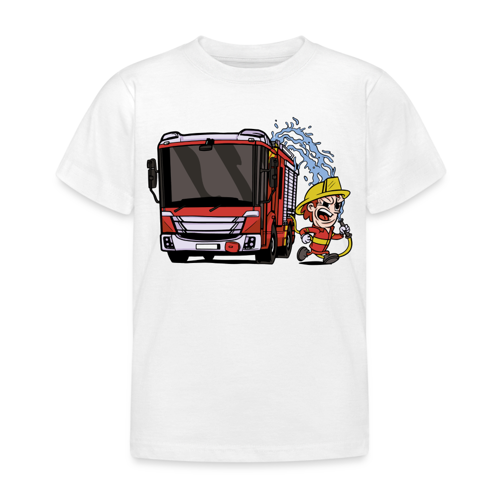 Kinder T-Shirt "Feuerwehrmann mit Wasserschlauch" - Weiß