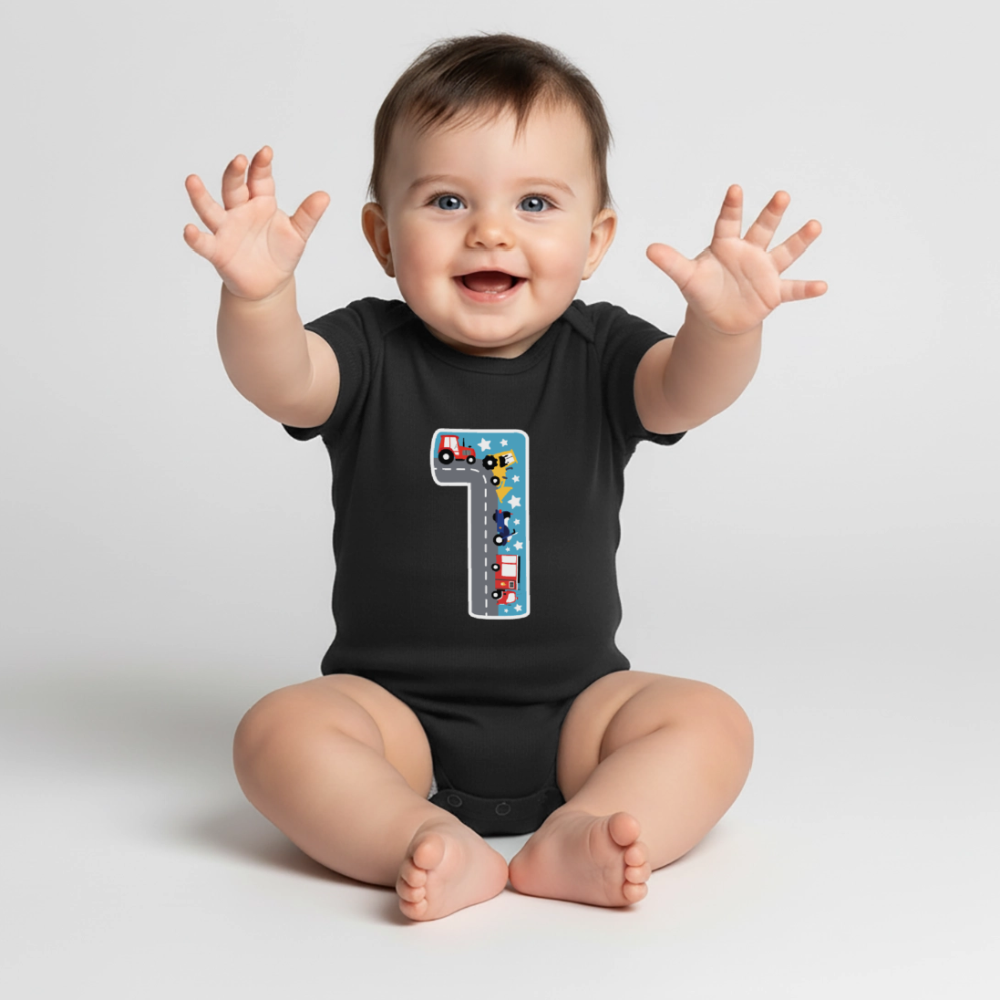 Baby Bio-Kurzarm-Body "1 mit Traktoren" - Schwarz