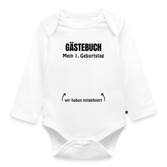 Baby Bio-Langarm-Body "Gästebuch 1. Geburtstag" - Weiß
