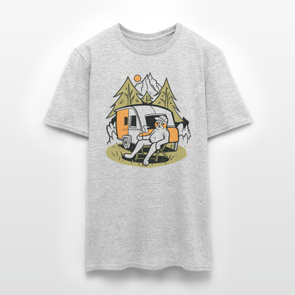 Männer T-Shirt "Faultier beim Camping" - Grau meliert