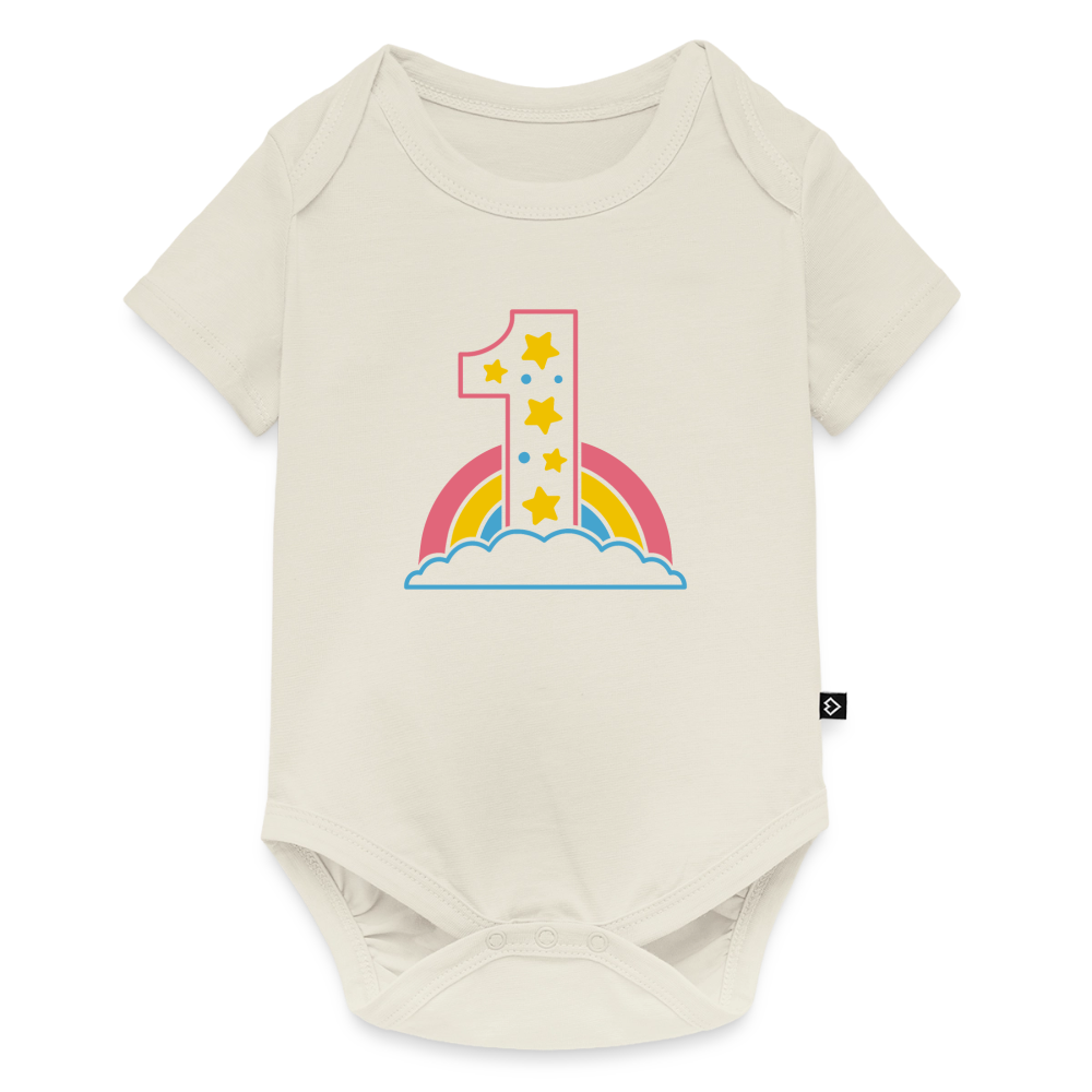 Baby Bio-Kurzarm-Body "1 mit Regenbogen und Wolken" - Naturweiß