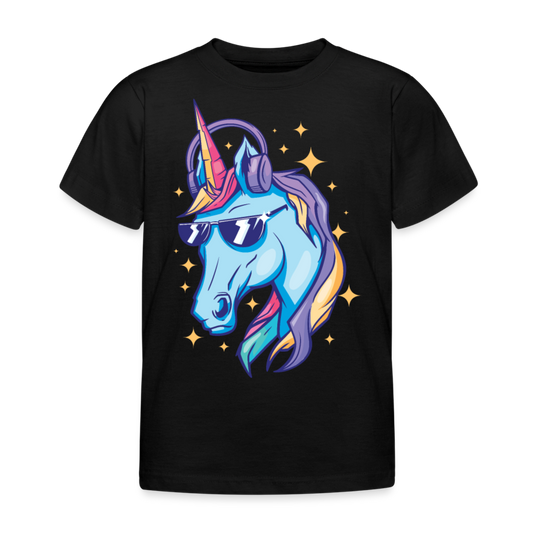 Kinder T-Shirt "Einhorn mit Sonnenbrille und Kopfhörern" - Schwarz