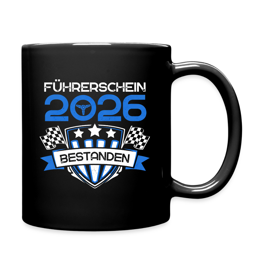 Tasse "Führerschein 2026 bestanden" (Blaues-Sternenmotiv) - Schwarz