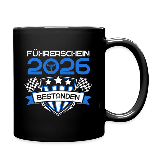 Tasse "Führerschein 2026 bestanden" (Blaues-Sternenmotiv) - Schwarz