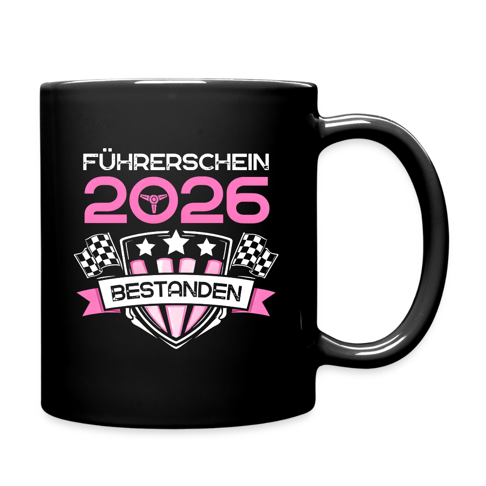Tasse "Führerschein 2026 bestanden" (Rosa-Sternenmotiv) - Schwarz