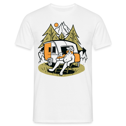 Männer T-Shirt "Faultier beim Camping" - Weiß
