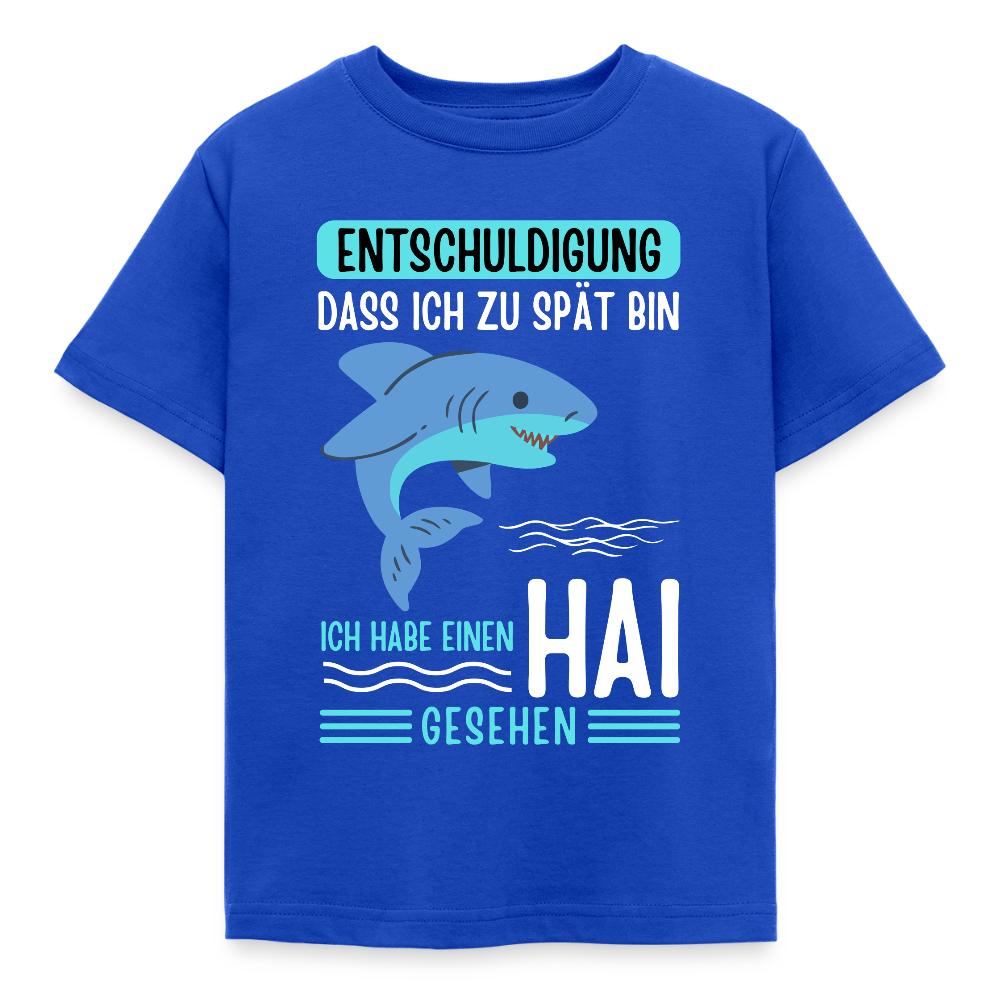 Kinder T-Shirt "Entschuldigung, dass ich zu spät bin. Ich habe einen Hai gesehen" - Royalblau