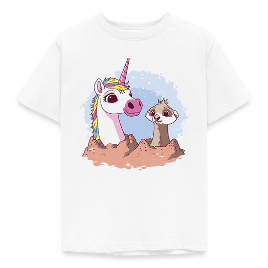 Kinder T-Shirt "Einhorn mit Erdmännchen" - Weiß