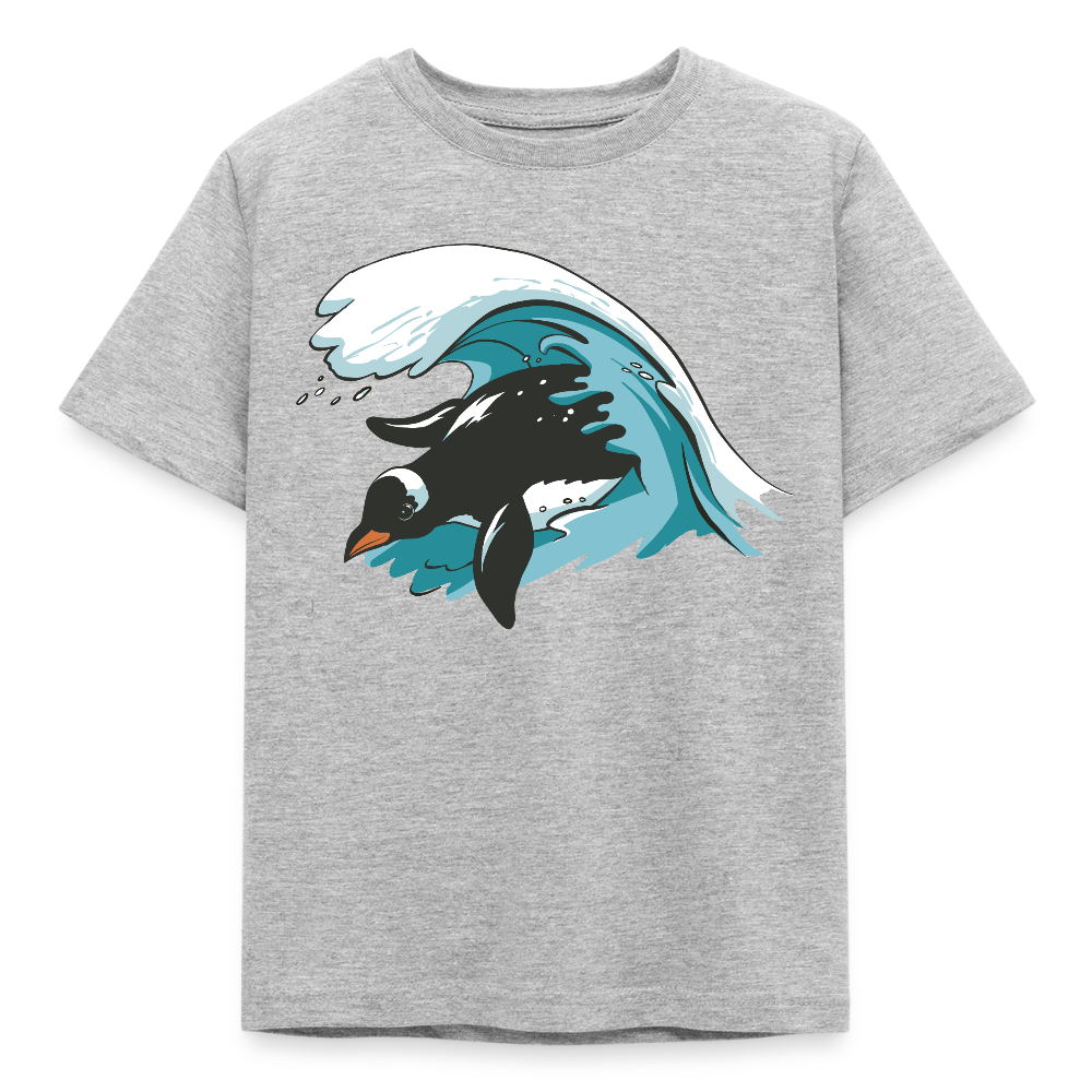 Kinder T-Shirt "Surfender Pinguin" - Grau meliert