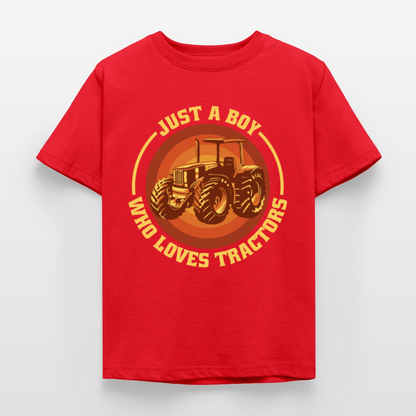 Kinder T-Shirt "Just a boy who loves tractors" (Retro-Stil) - Rot